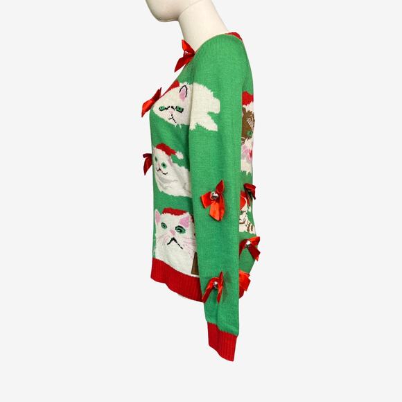 Tipsy Elves Small Cat Christmas Sweater Green Bows Jingle Bells Ugly Holiday - Picture 6 of 8